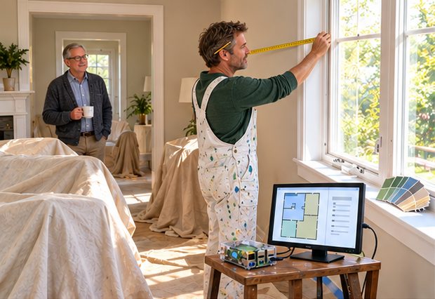 A painter measures a living room wall while the homeowner watches from the doorway; a Raspberry Pi and monitor show a floor plan.