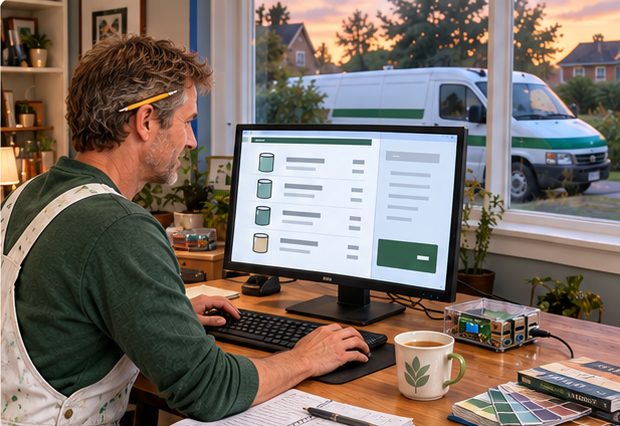 The painter at his desk in the evening, building the estimate on screen beside a Raspberry Pi; his green-striped van is parked outside.