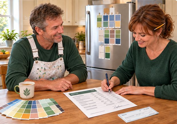 At the kitchen table the homeowner signs the printed estimate while the painter smiles; the deposit cheque lies beside it.