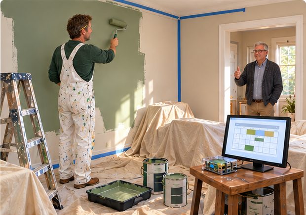 The painter rolls a sage-green first coat onto the wall; the homeowner gives a thumbs-up from the doorway.